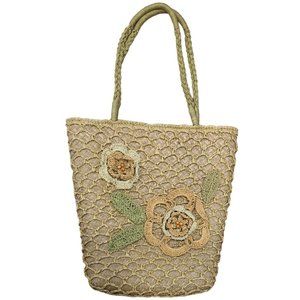 Vintage Boho Straw Tote With Flowers Shoulder Bag Beige